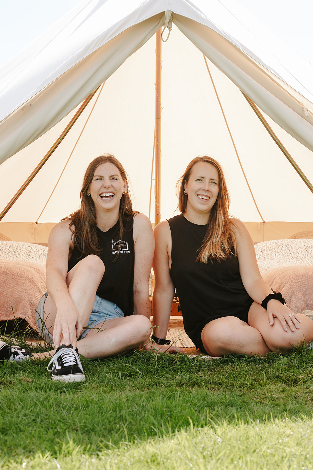 Becca and Charlotte inside 4m Ultimate Bell Tent